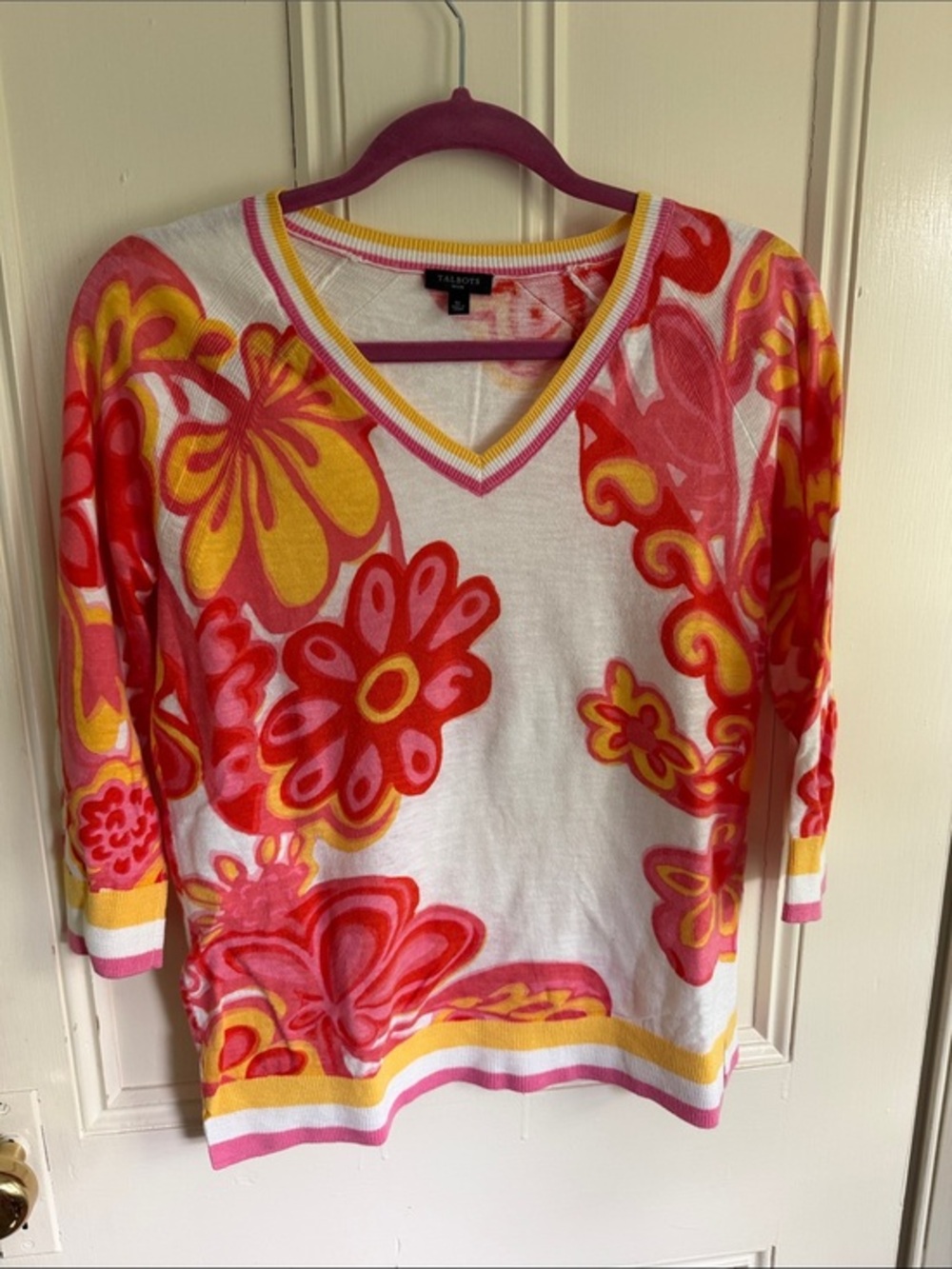 Talbots White V-Neck Sweater with Pink and Yellow Floral Design